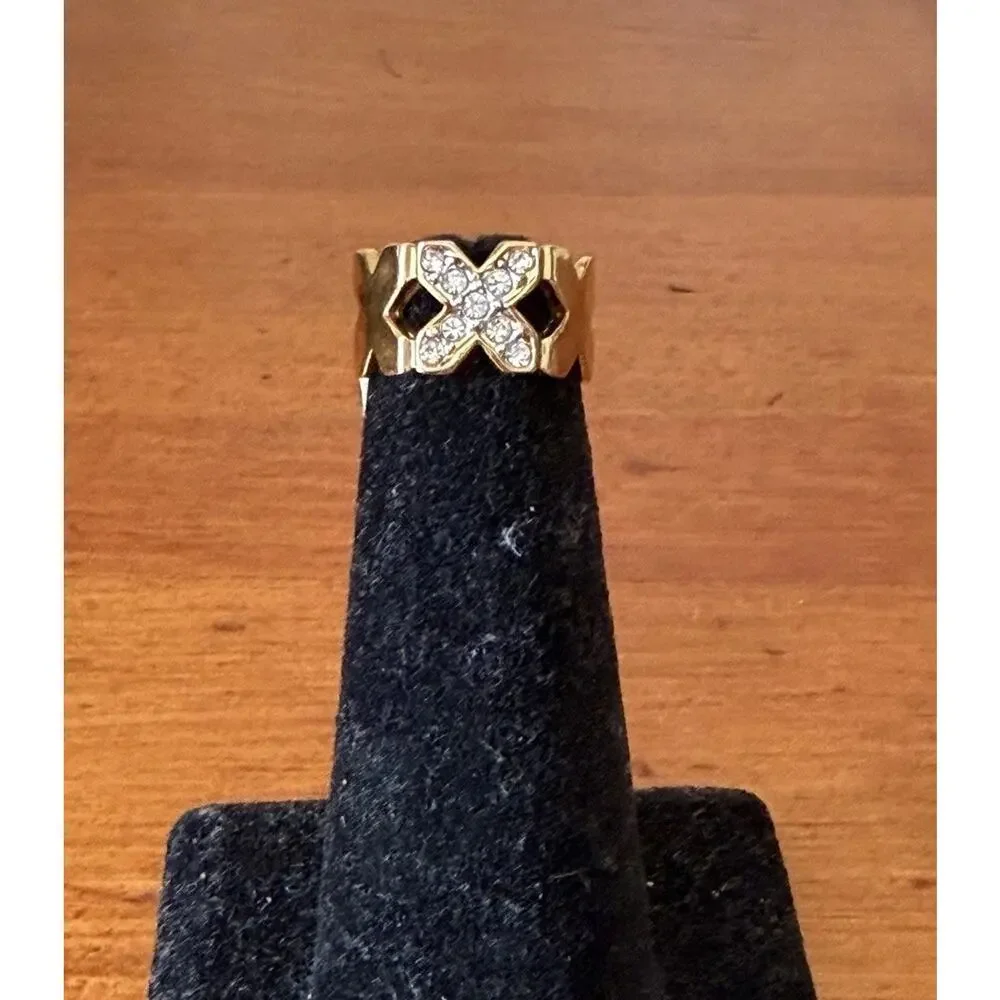 Vintage 18K HGE Gold Plated X Motif Austrian Crystal Ring Size 5 USA